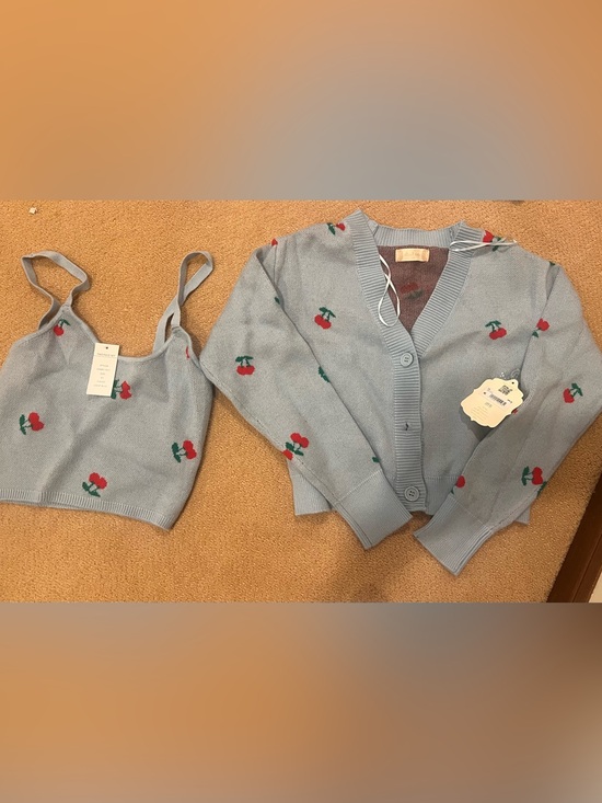 Altar'd State Sweaters - Altar'd State Light Blue Knit Cardigan with Red Cherry Motif